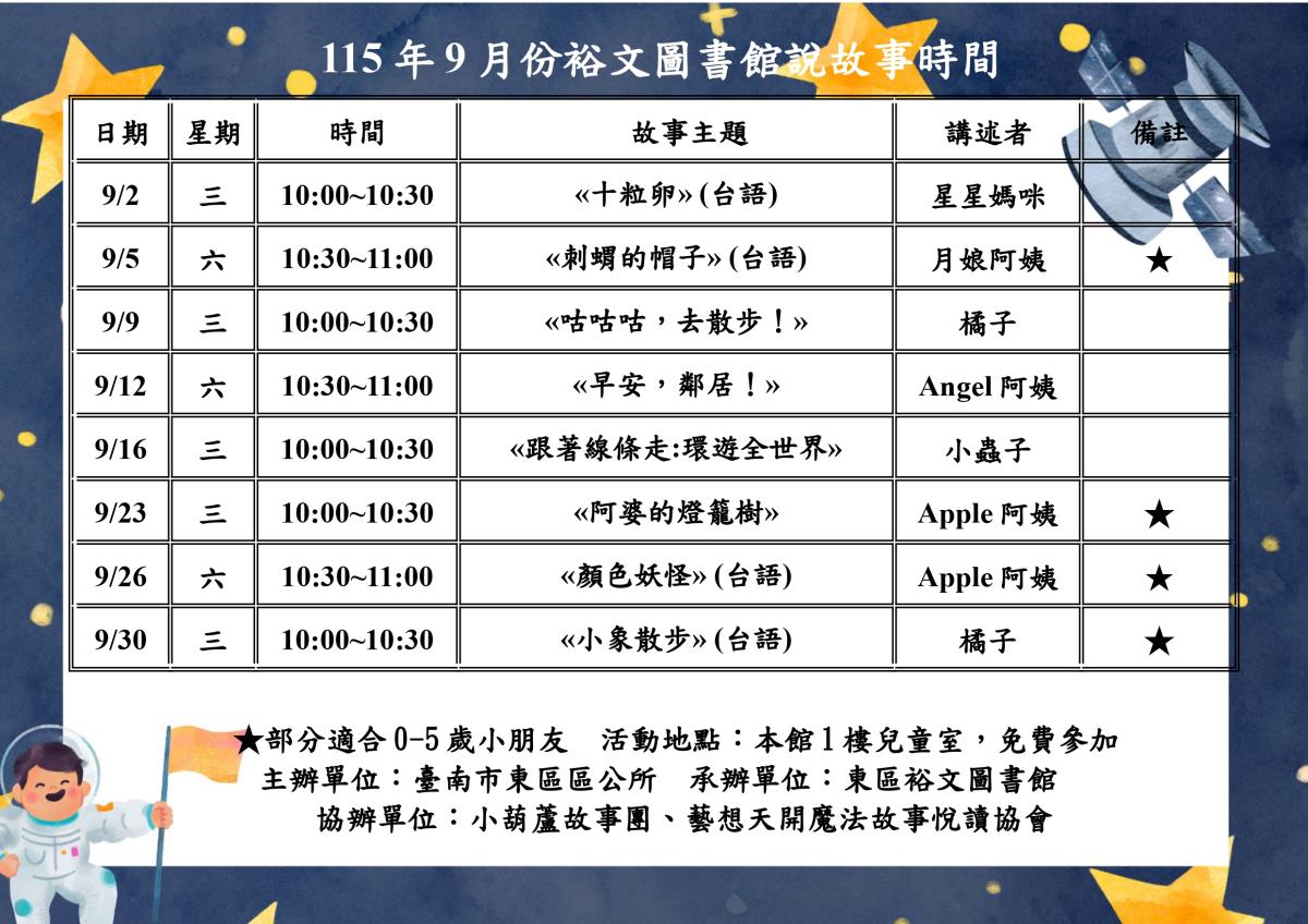 115年9月份裕文圖書館說故事時間表