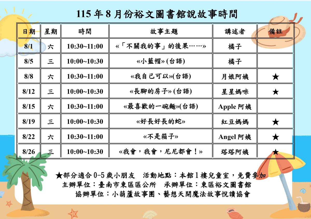 115年8月份裕文圖書館說故事時間表