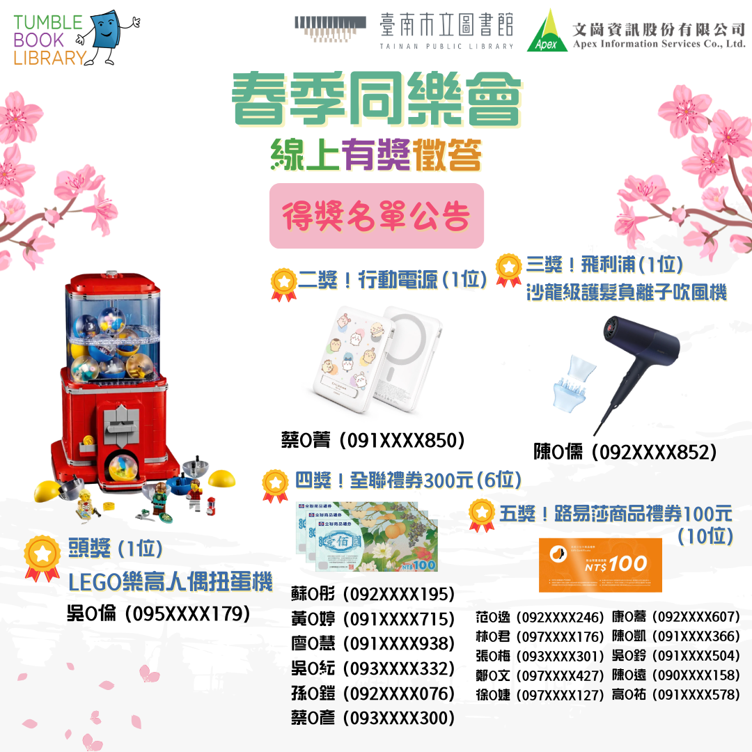 TumbleBookLibrary互動西文電子書平台得獎名單公告