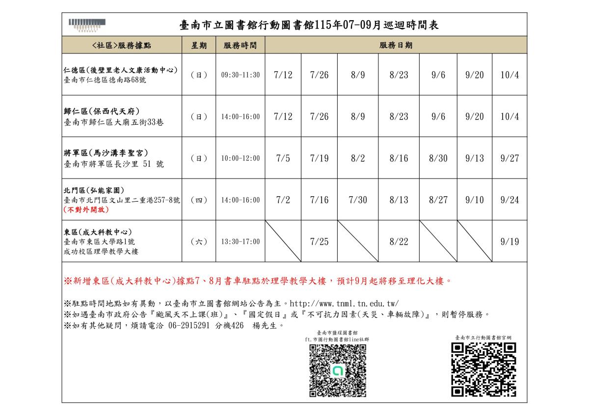 市圖行動圖書館115年7-9月巡迴時間表