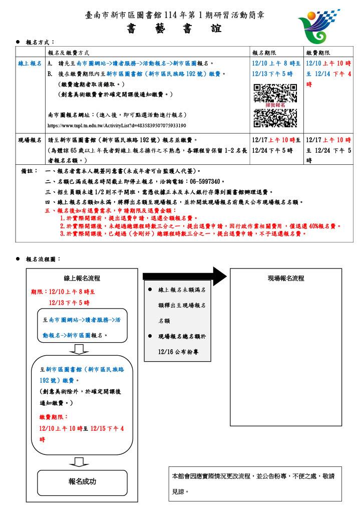 新市圖書館114年第1期研習活動簡章(報名方式)