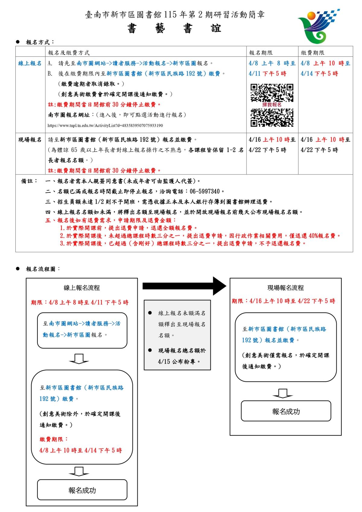 新市圖書館115年第2期研習活動簡章(報名方式)