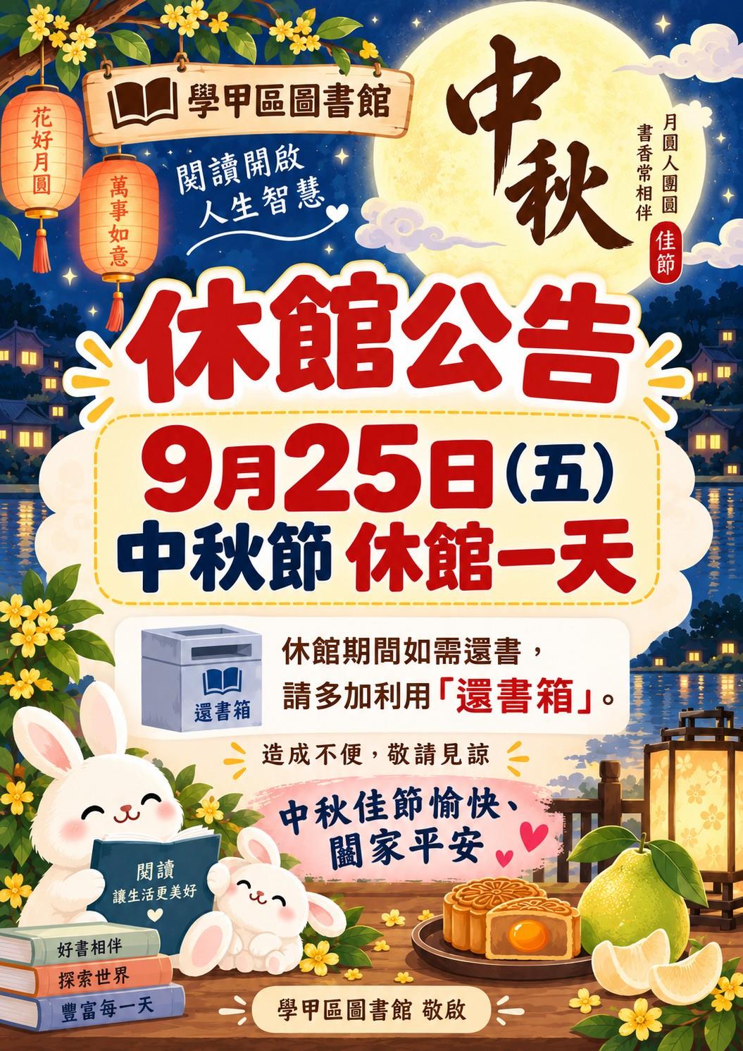 9月25日中秋節休館一天海報