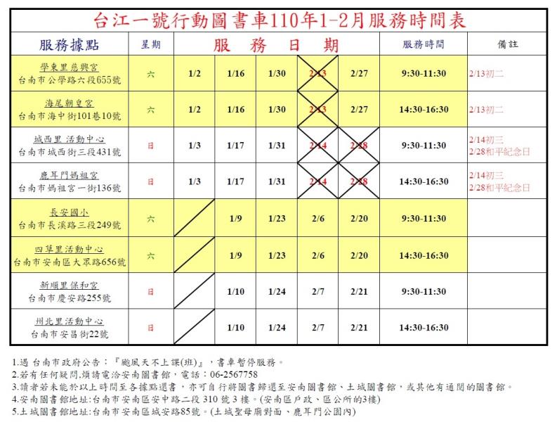 台江一號行動圖書車110年1-2月服務時間表